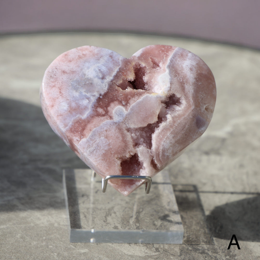 'PASTEL' Pink Amethyst x Flower Agate Heart with Stand -  L - Enchantia Muse