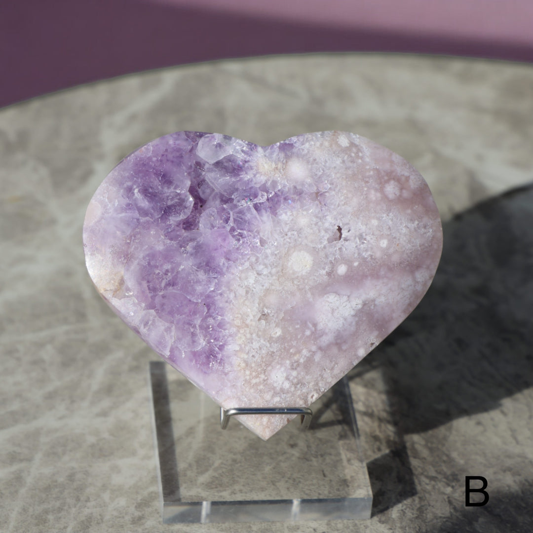 'PASTEL' Pink Amethyst x Flower Agate Heart with Stand -  L - Enchantia Muse