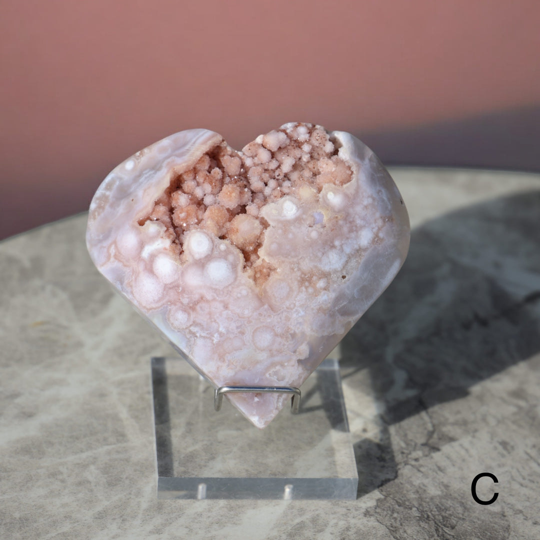 'PASTEL' Pink Amethyst x Flower Agate Heart with Stand -  L - Enchantia Muse