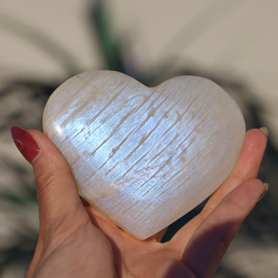 Blue Flash Moonstone Heart with stand