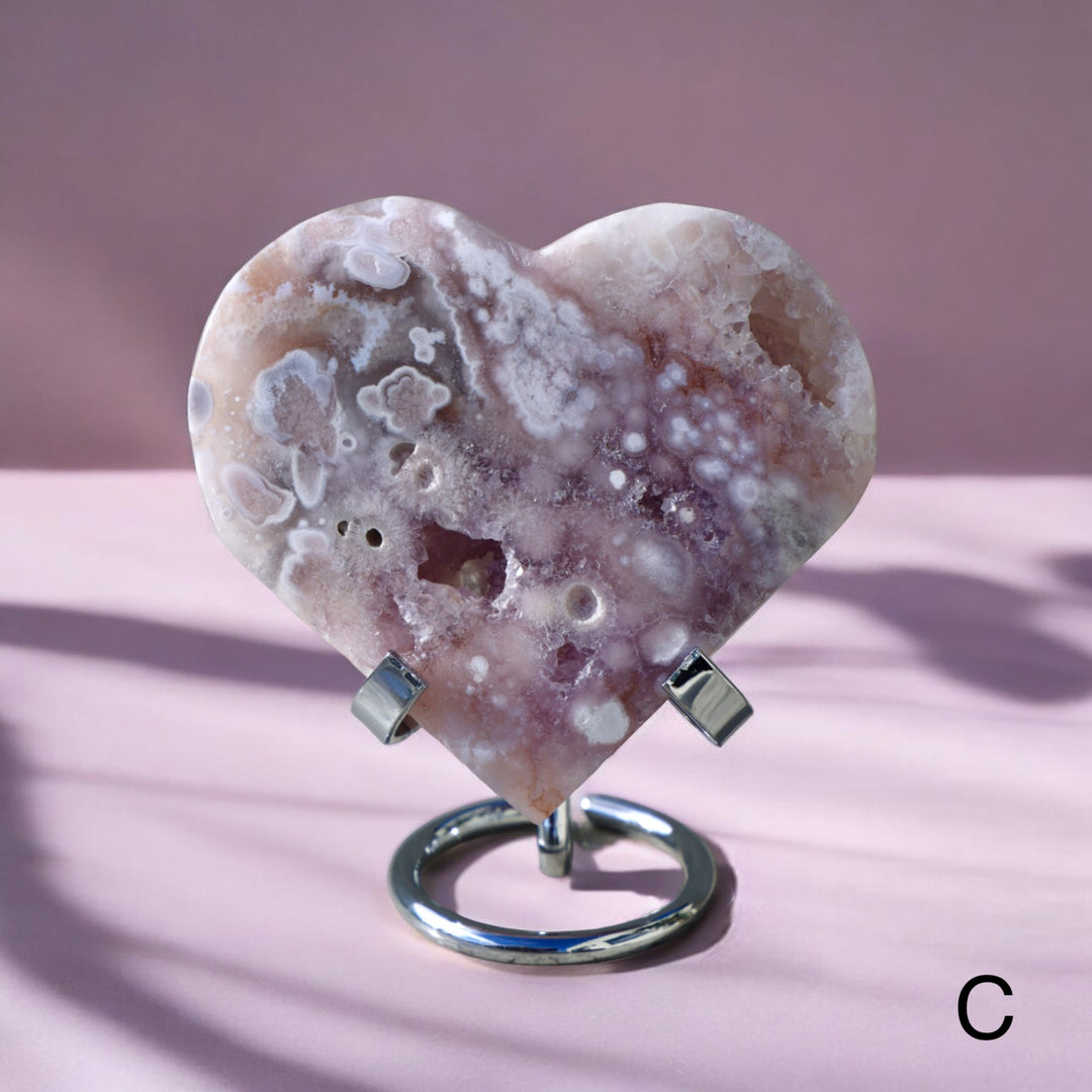 'PASTEL' Pink Amethyst x Flower Agate Heart with Stand -  M - Enchantia Muse