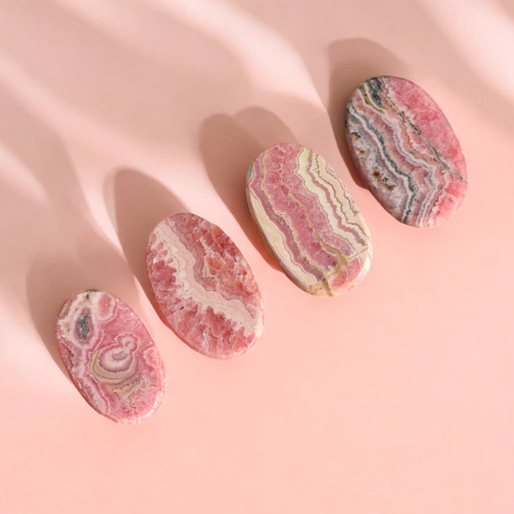 High Quality Rhodochrosite Flat Palm Stone - Enchantia Muse