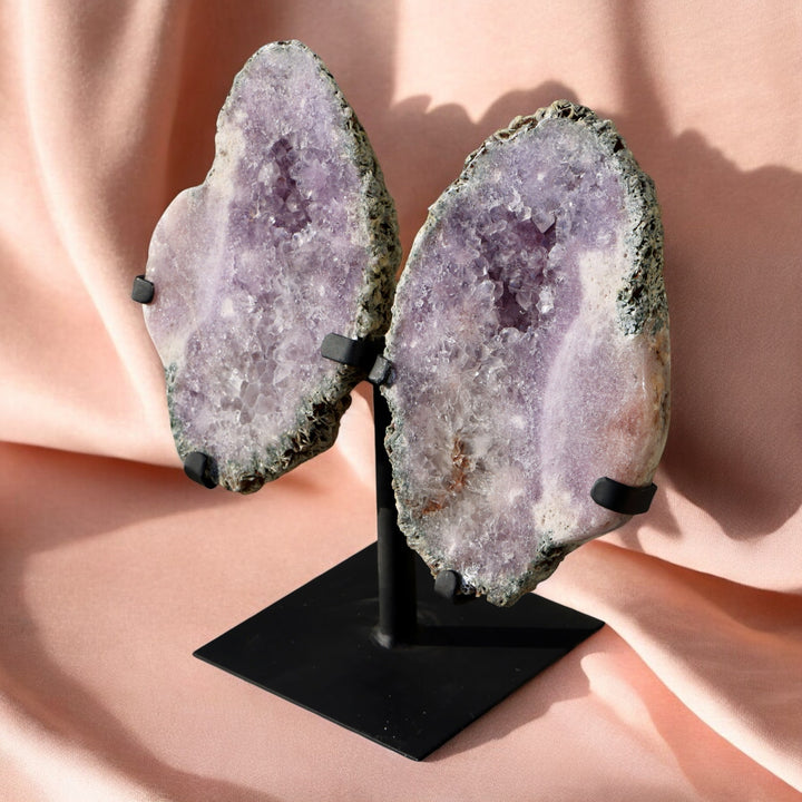 Druzy Amethyst Crystal Pair of Wings on Stand