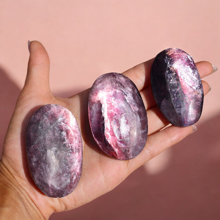 High Quality Gemmy Flashy Lepidolite Palm Stone - Enchantia Muse