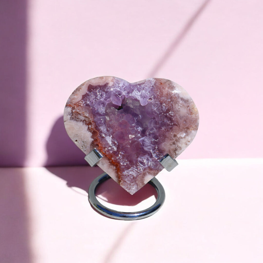 'PASTEL' Pink Amethyst x Flower Agate Heart with Stand -  XS - Enchantia Muse