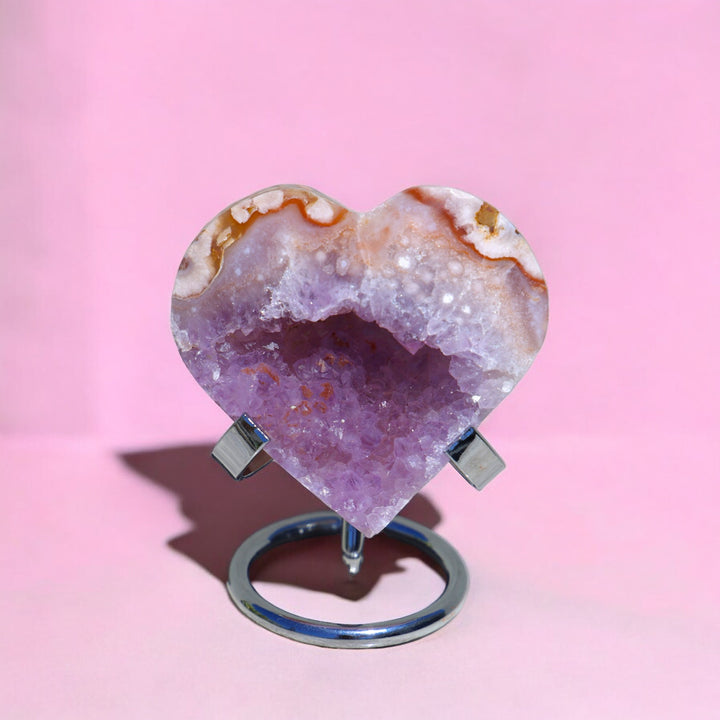 'PASTEL' Pink Amethyst x Flower Agate Heart with Stand -  XS - Enchantia Muse