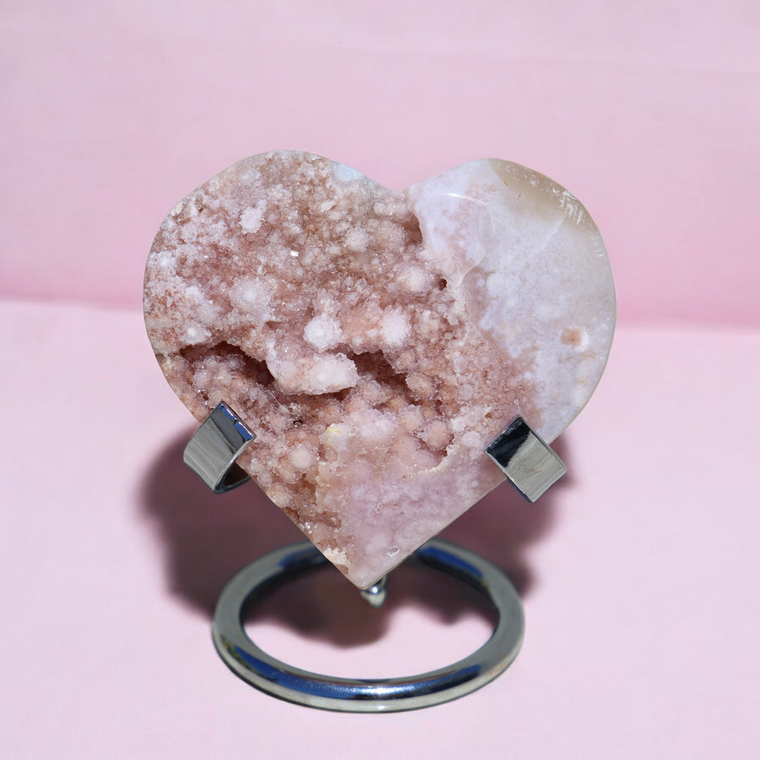 'PASTEL' Pink Amethyst x Flower Agate Heart with Stand -  XS - Enchantia Muse