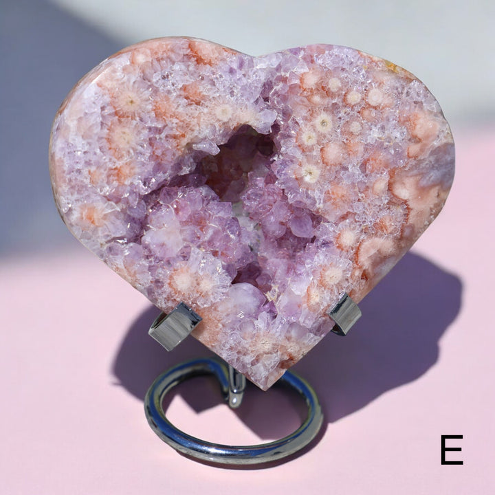 'PASTEL' Pink Amethyst x Flower Agate Heart with Stand -  M - Enchantia Muse