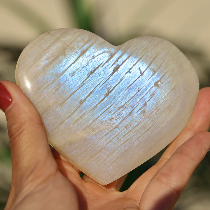 Blue Flash Moonstone Heart with stand