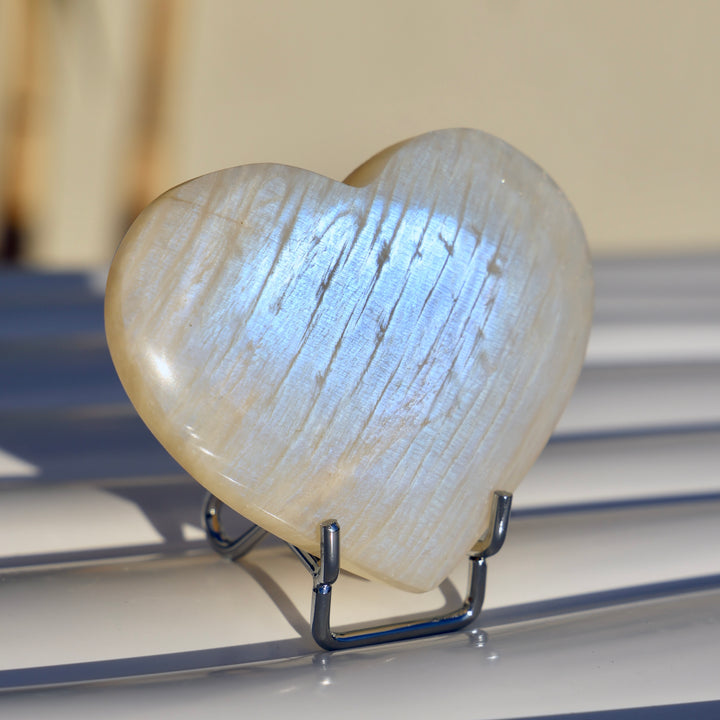 Blue Flash Moonstone Heart with stand