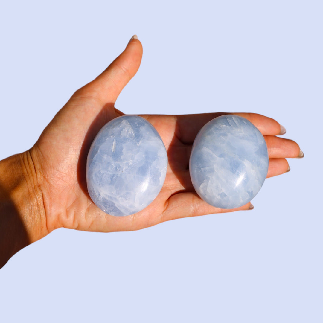 Celestite Palm Stone Size Reference - Crystal for Calm - Healing Crystal Palm Stone - Enchantia Muse