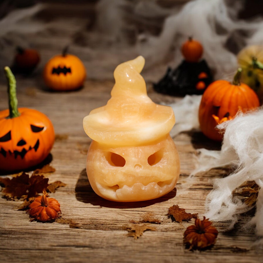 Hand-carved Yellow Calcite Pumpkin Ghost - Enchantia Muse