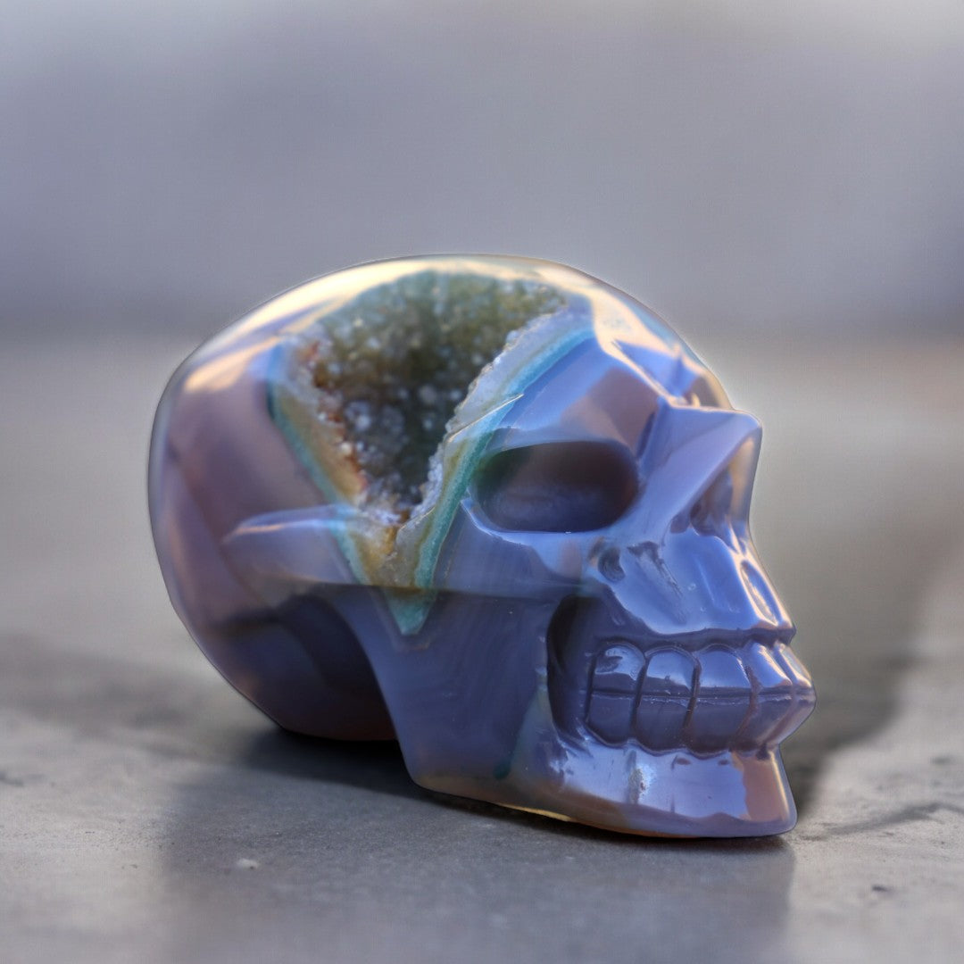 'ECLIPSE' Hand-carved Druzy Agate Skull - Enchantia Muse