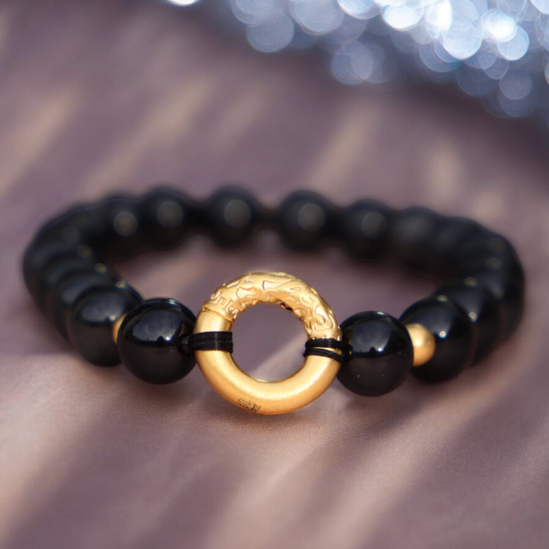 24K Pure Gold Black Obsidian Bracelet - Enchantia Muse