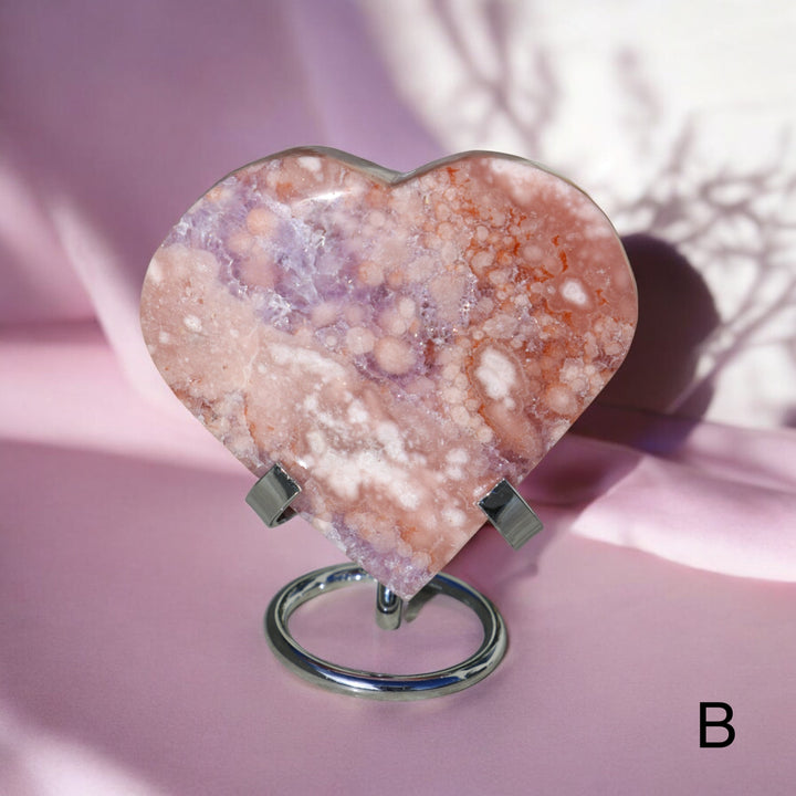 'PASTEL' Pink Amethyst x Flower Agate Heart with Stand -  M - Enchantia Muse