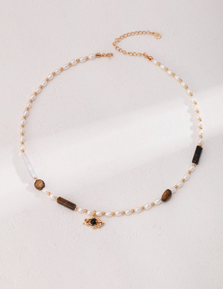 'STRENGTH' Tiger's Eye & Onyx Pearl Necklace - Enchantia Muse