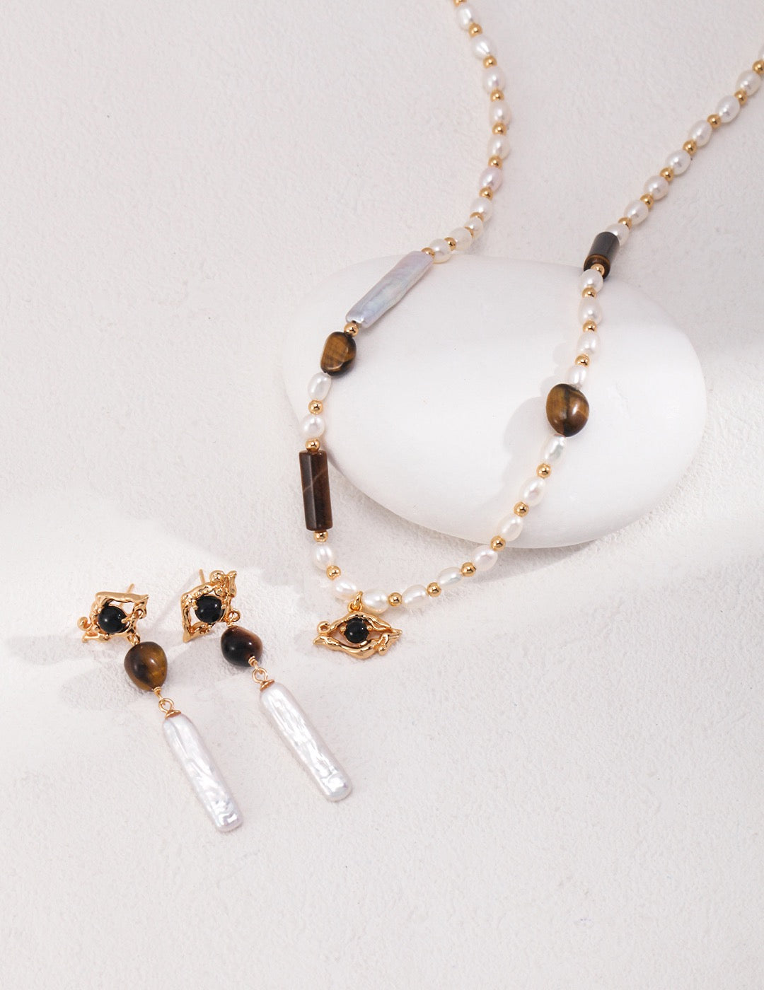 'STRENGTH' Tiger's Eye & Onyx Pearl Necklace - Enchantia Muse