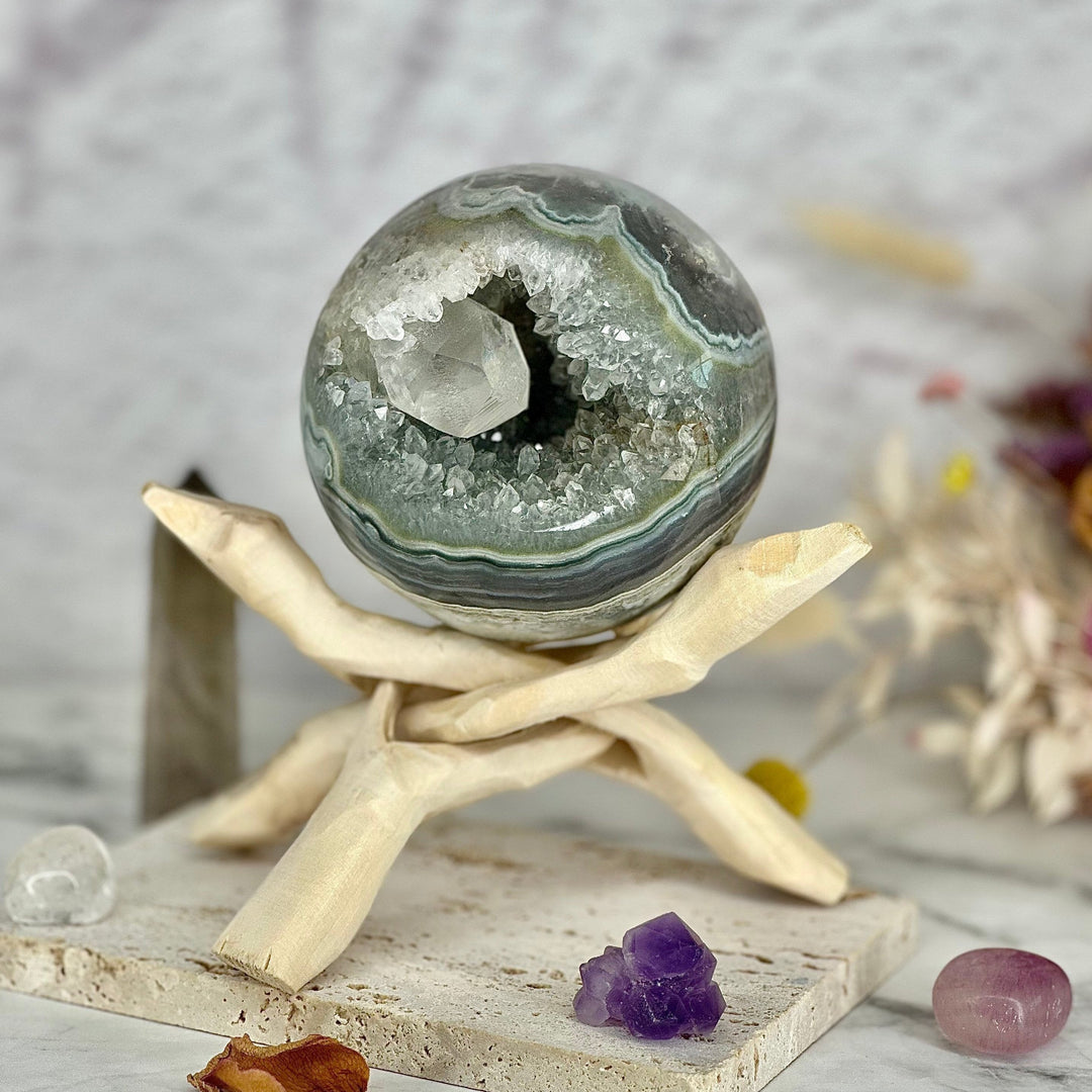 'SOLARA' Druzy Rainbow Amethyst Agate Sphere with Calcite - Enchantia Muse