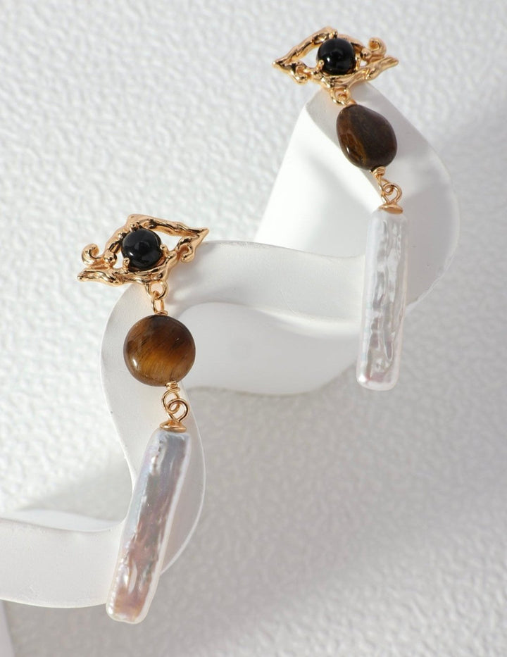 'STRENGTH' Tiger's Eye & Onyx Pearl Earrings - Enchantia Muse