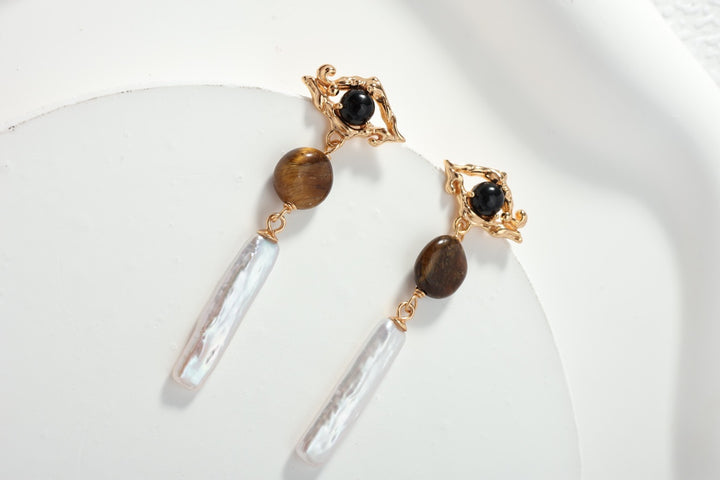 'STRENGTH' Tiger's Eye & Onyx Pearl Earrings - Enchantia Muse