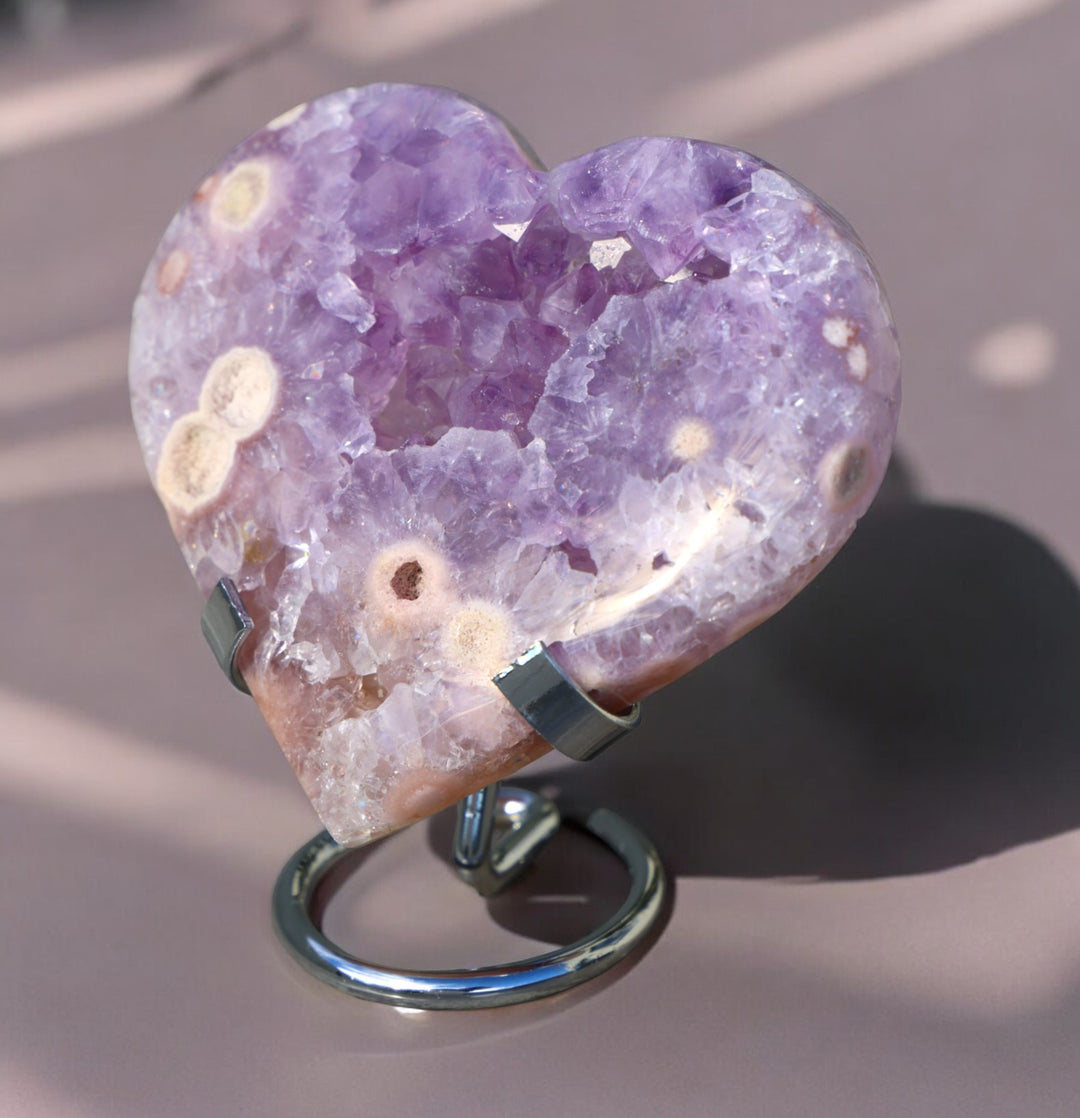 'PASTEL' Pink Amethyst x Flower Agate Heart with Stand -  M - Enchantia Muse