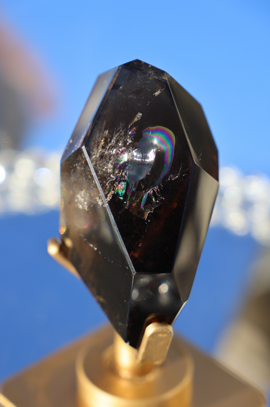 'NYX' Smoky Quartz with Rainbow on Spinning Stand - Enchantia Muse