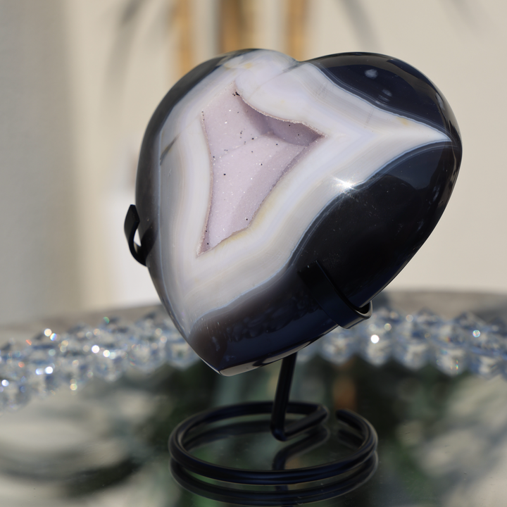 'Noir' Druzy Black Agate Heart with Stand - Enchantia Muse