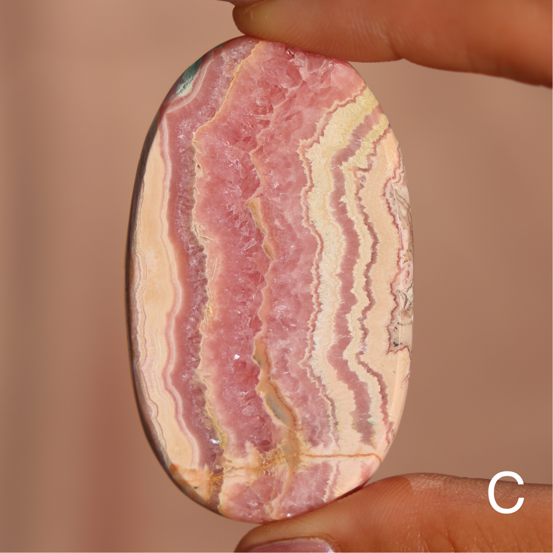 High Quality Rhodochrosite Flat Palm Stone - Enchantia Muse