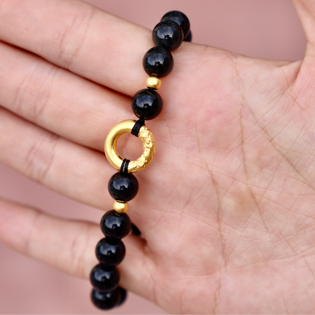 24K Pure Gold Black Obsidian Bracelet - Enchantia Muse