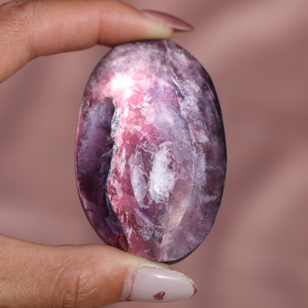 High Quality Gemmy Flashy Lepidolite Palm Stone - Enchantia Muse