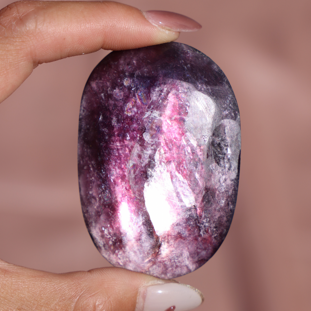 High Quality Gemmy Flashy Lepidolite Palm Stone - Enchantia Muse