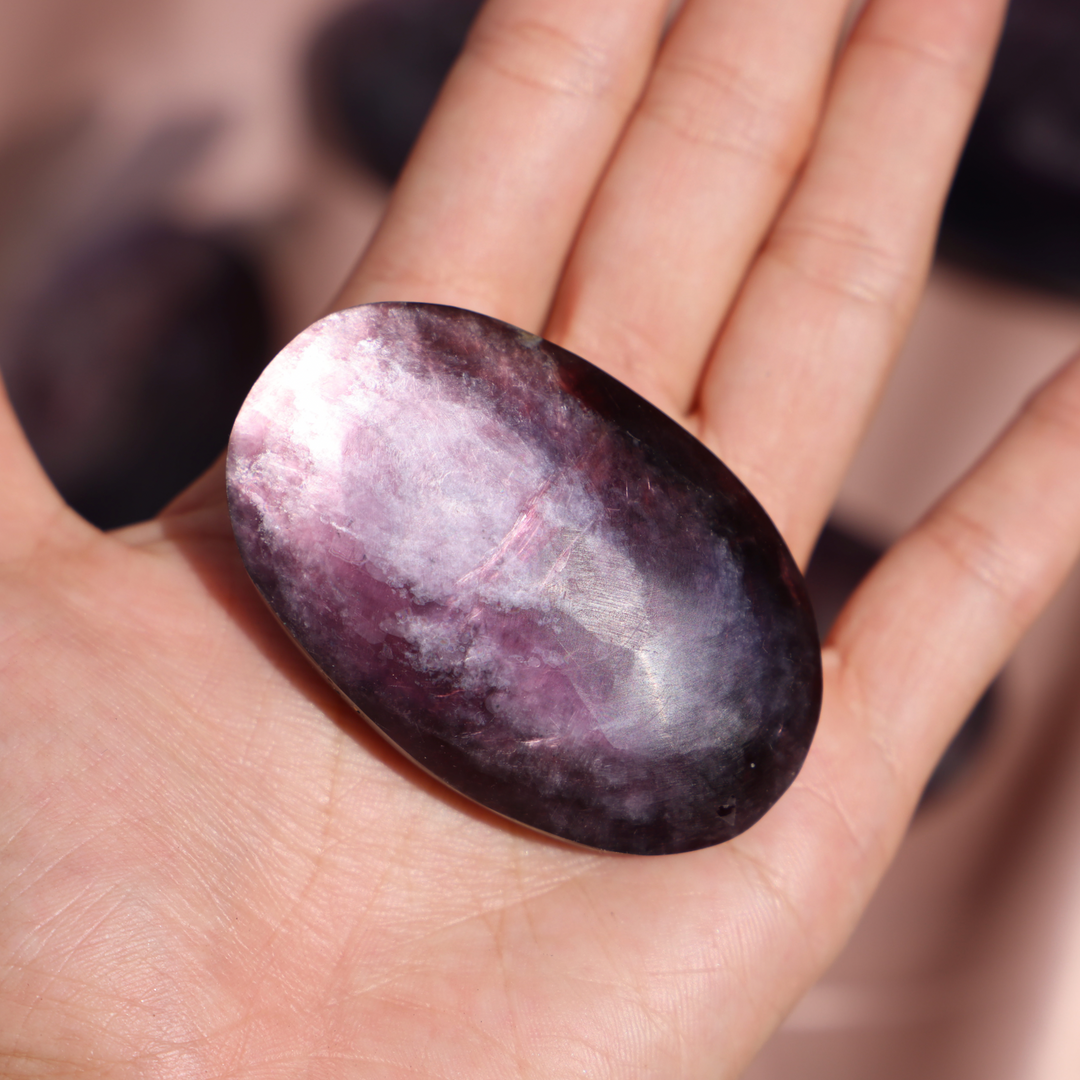 High Quality Gemmy Flashy Lepidolite Palm Stone - Enchantia Muse