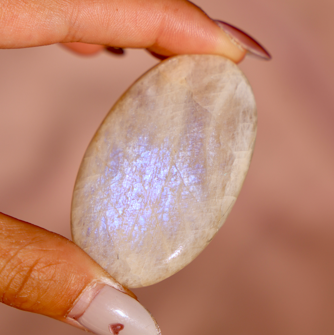 High Quality Blue Flash Moonstone Palm Stone - Enchantia Muse