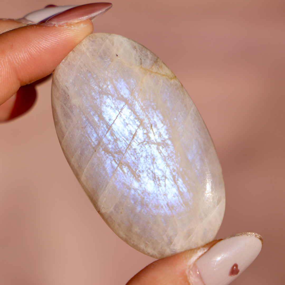 High Quality Blue Flash Moonstone Palm Stone - Enchantia Muse