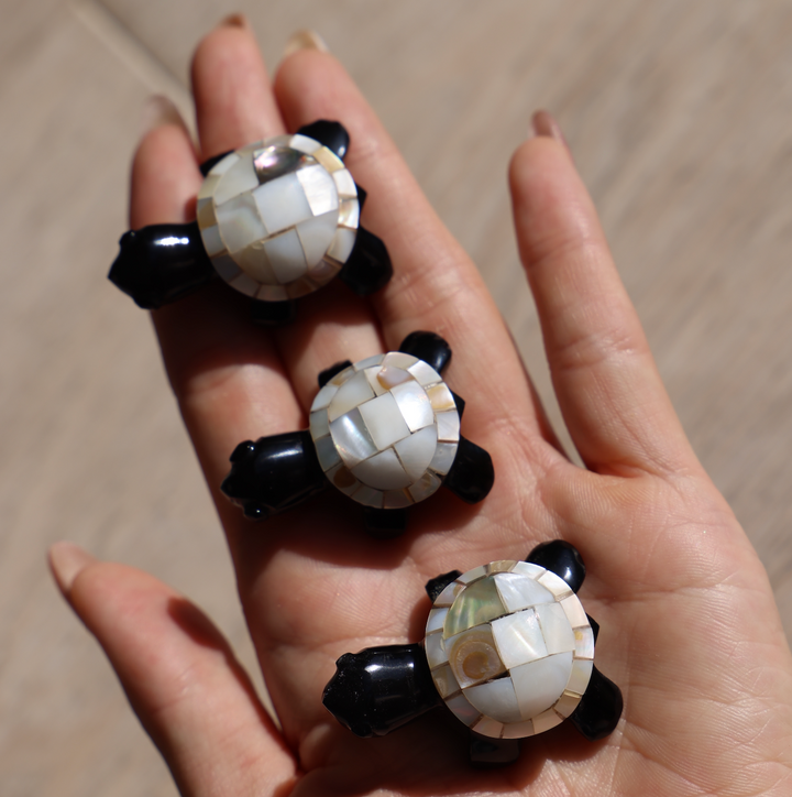 Mini Black Obsidian Turtle with Pearl Shell