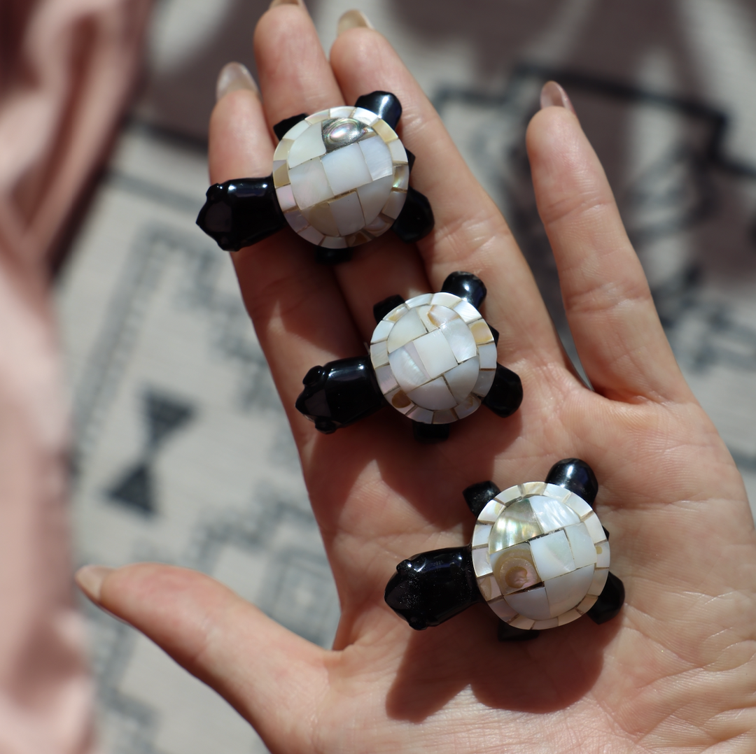 Mini Black Obsidian Turtle with Pearl Shell