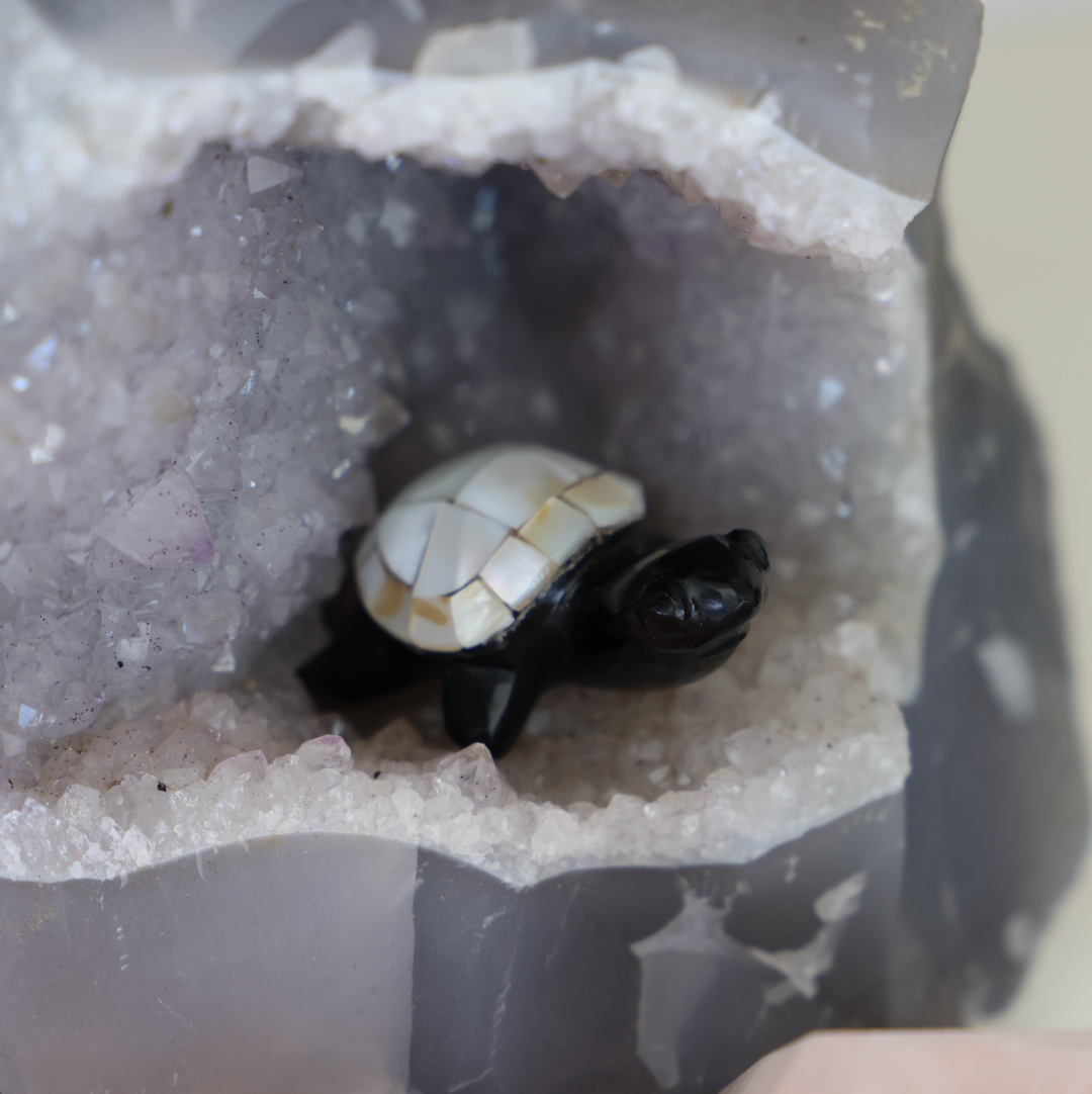 Mini Black Obsidian Turtle with Pearl Shell