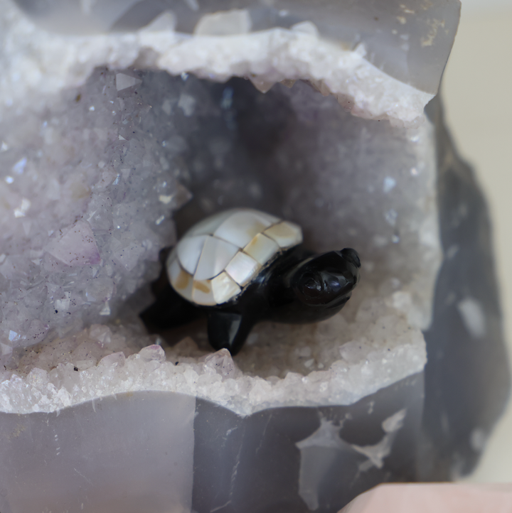 Mini Black Obsidian Turtle with Pearl Shell