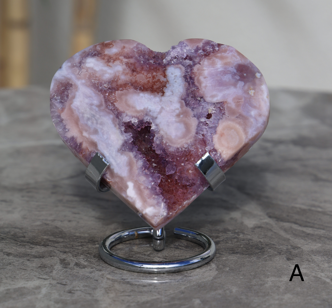 'PASTEL' Pink Amethyst x Flower Agate Heart with Stand -  S - Enchantia Muse