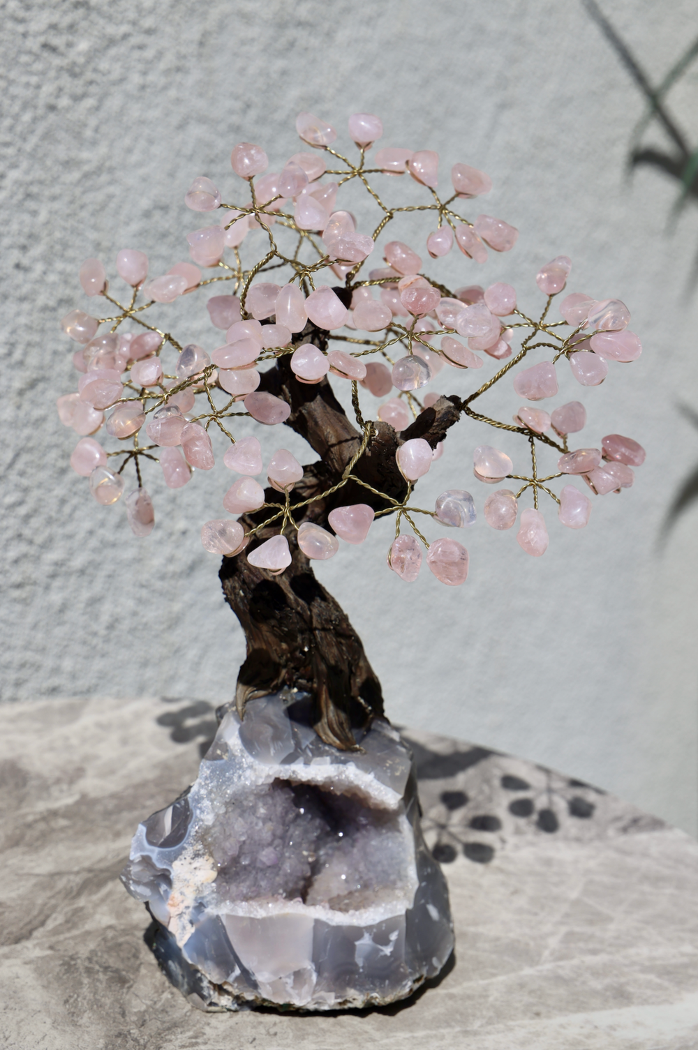 rose quartz bonsai tree Handmade Rose Quartz Tree with Druzy Agate Base