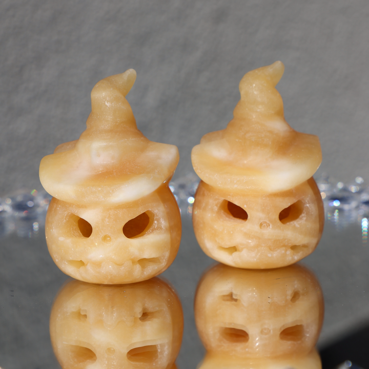 Hand-carved Yellow Calcite Pumpkin Ghost - Enchantia Muse