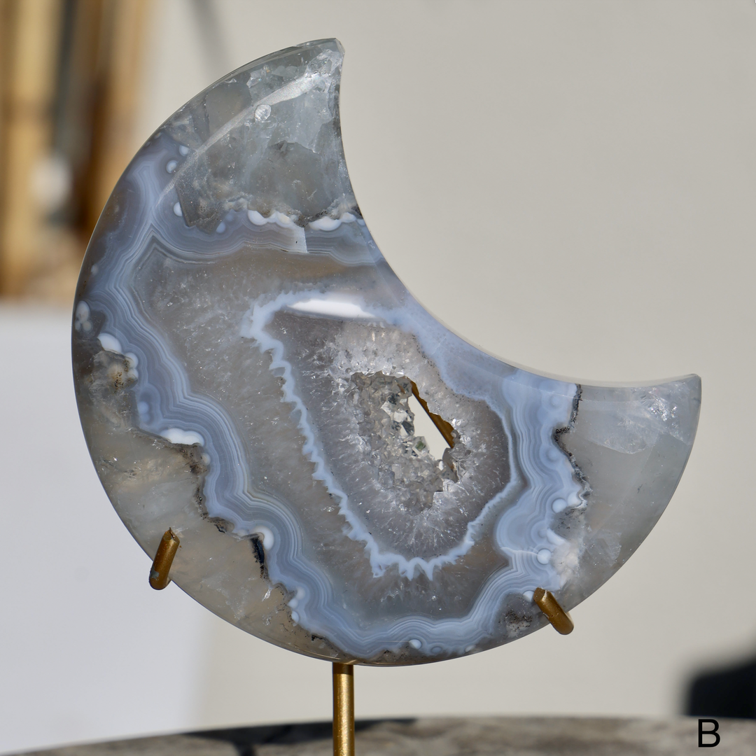 'MISTY' Blue Druzy Agate Moon with Stand - Enchantia Muse