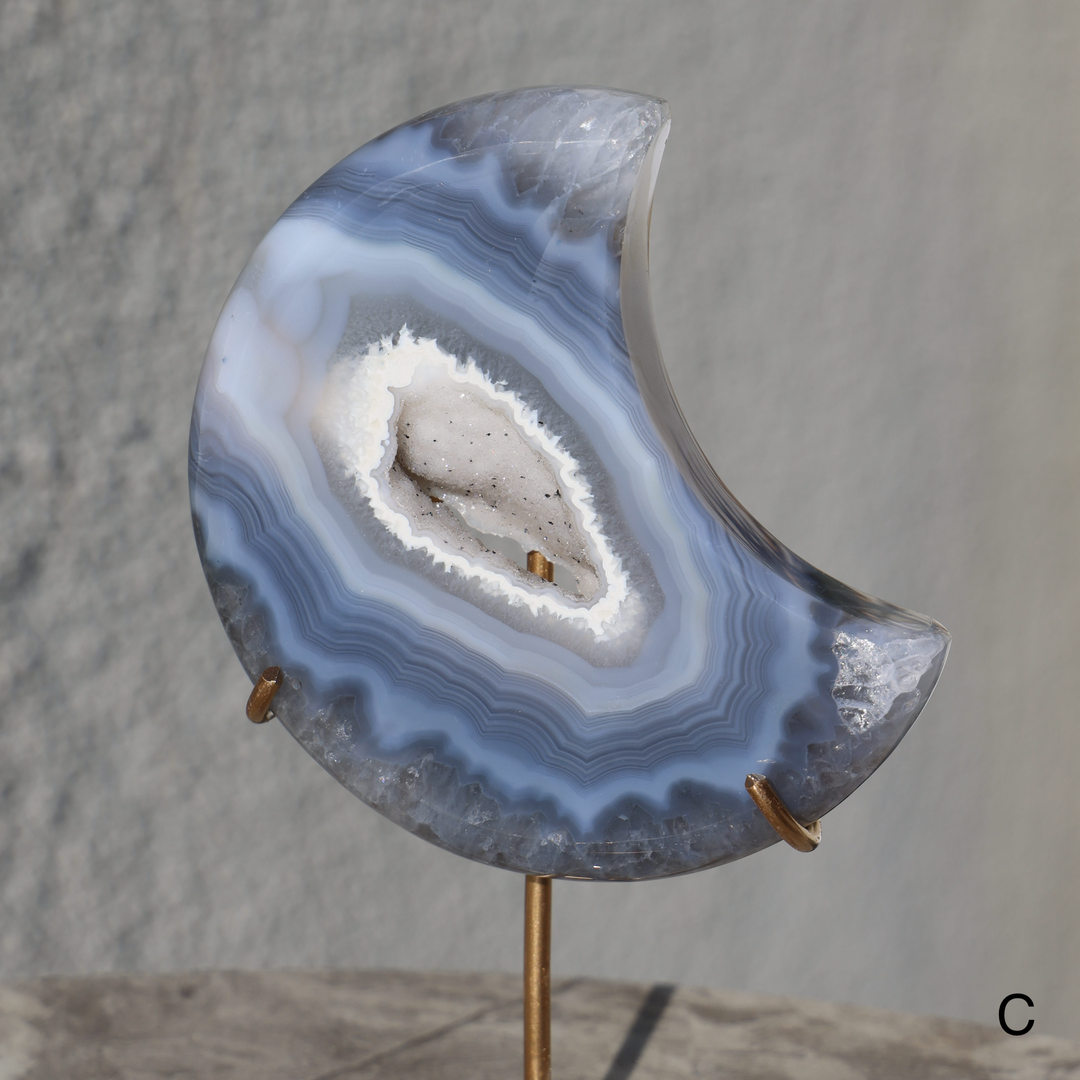 'MISTY' Blue Druzy Agate Moon with Stand - Enchantia Muse