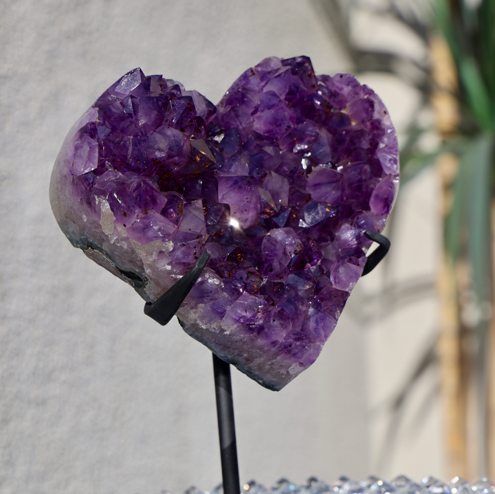 'GOLDEN HEARTBEAT' High Quality Amethyst Heart with Golden Rutile on Stand - Enchantia Muse