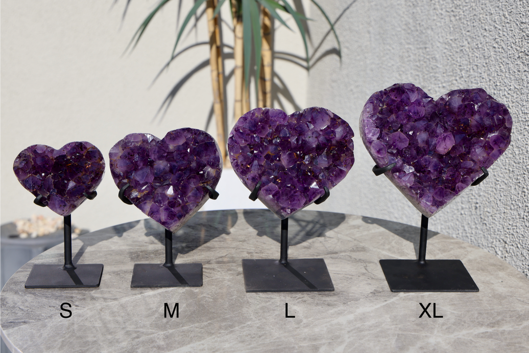 'GOLDEN HEARTBEAT' High Quality Amethyst Heart with Golden Rutile on Stand - Enchantia Muse