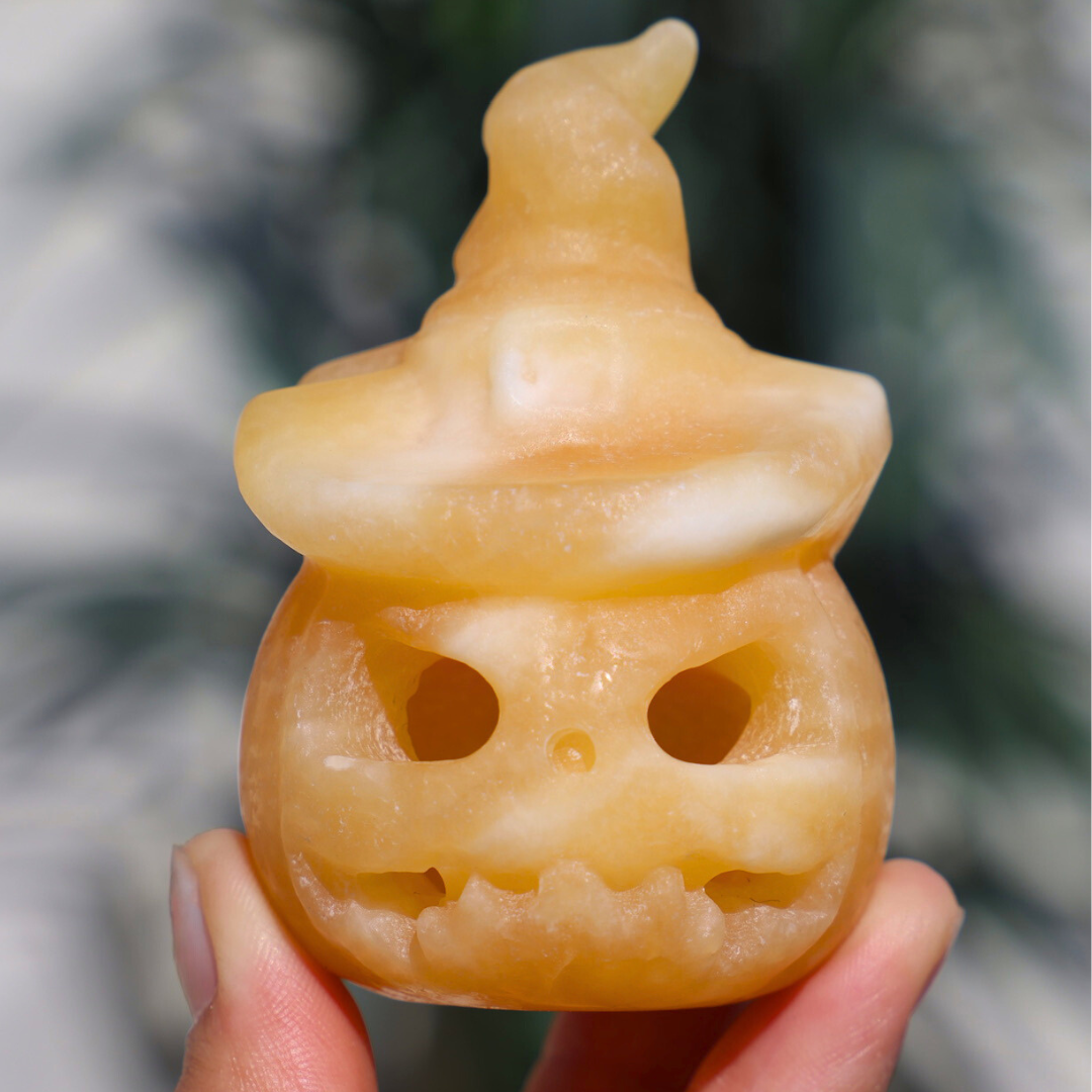 Hand-carved Yellow Calcite Pumpkin Ghost - Enchantia Muse