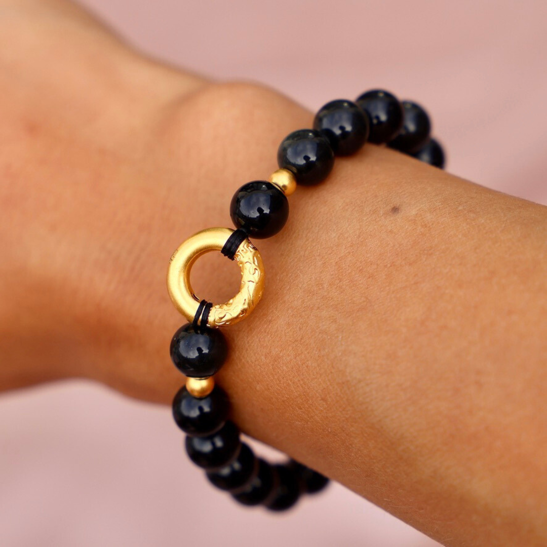 24K Pure Gold Black Obsidian Bracelet - Enchantia Muse