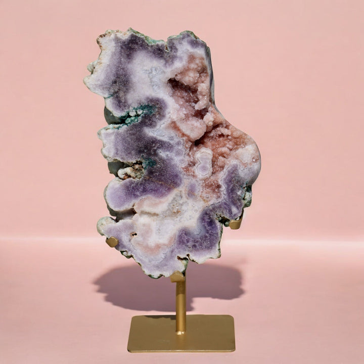 'Amora' Pink Amethyst Geode Slab on Stand - L