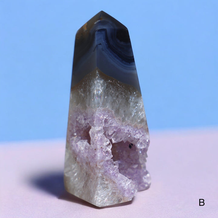 'Cassandra' Druzy Amethyst with Blue Agate Stone Obelisk