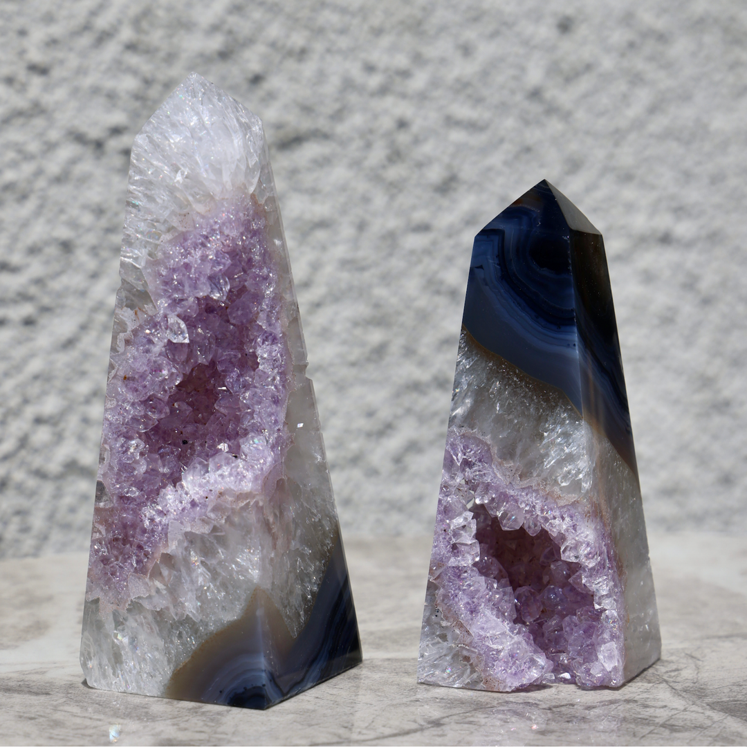 'Cassandra' Druzy Amethyst with Blue Agate Stone Obelisk